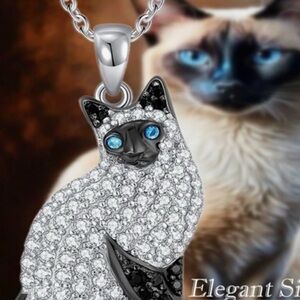 Crystal Cat Necklace with Chain, Siamese or Ragdoll long hair Kitty